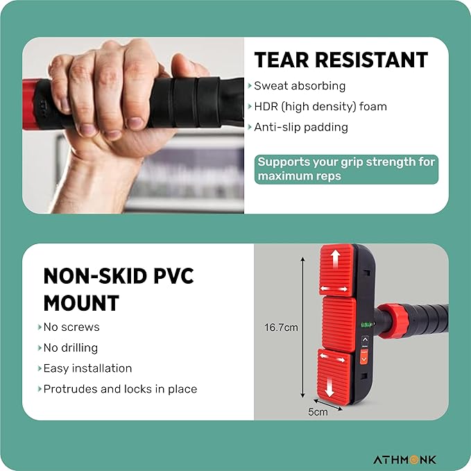 Athmonk No Screw Pull Up Bar Rod for Home Door Mounted - Hanging Exercise Equipment Gym Workout for Men Women - Height Increase Kids - 200kg Load - 75-110 cm Adjustable - Heavy Duty Carbonised Steel